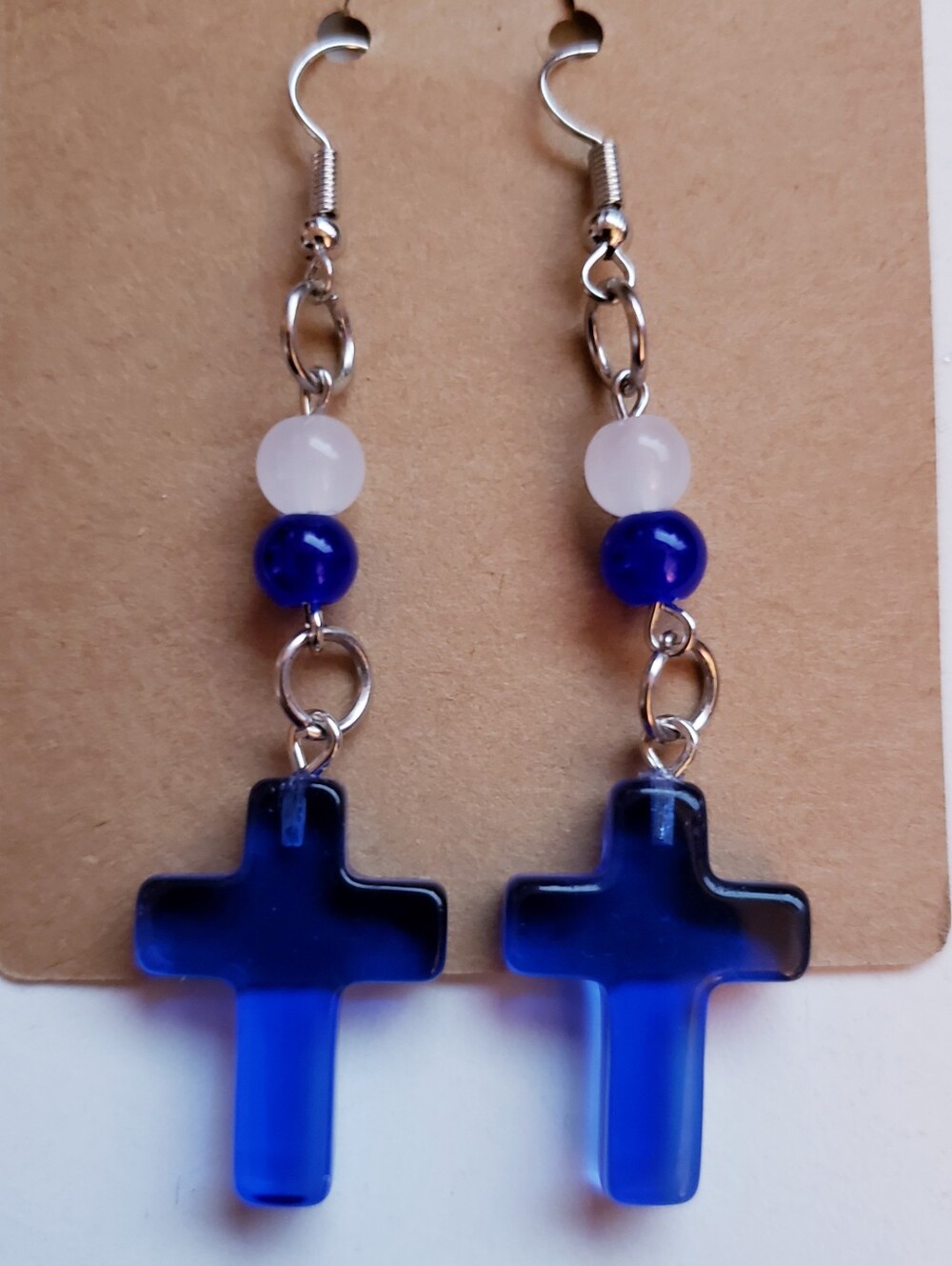 Handmade Beaded Glass Navy Blue White Cross Dangle Earrings